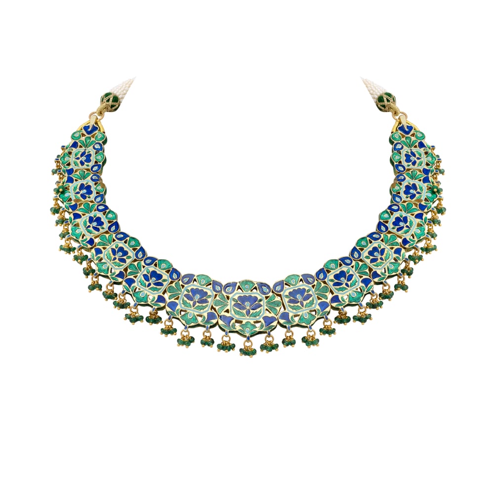 Green Enamel Polki Necklace with Emerald Beads